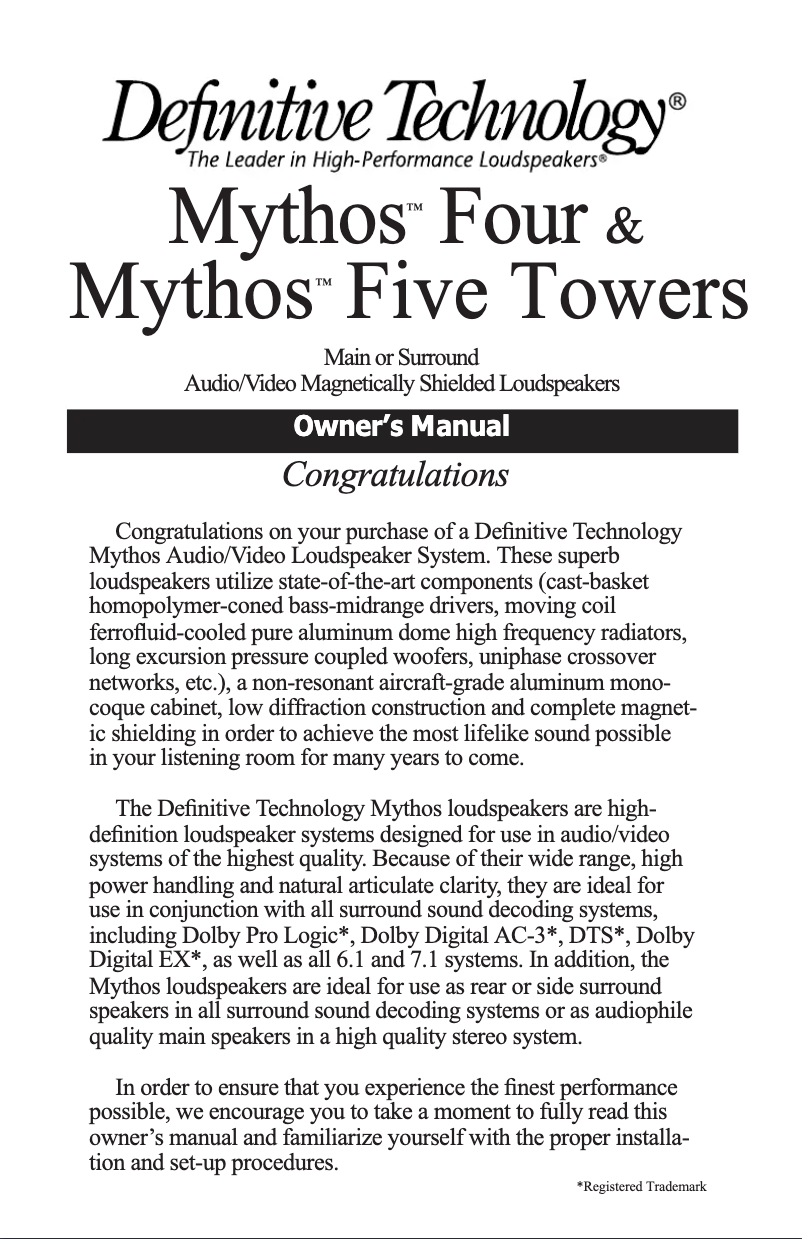 Page 1 de la notice Manuel utilisateur Definitive Technology Mythos Four