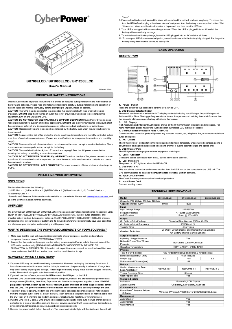 Page 1 de la notice Manuel utilisateur CyberPower BR1200ELCD