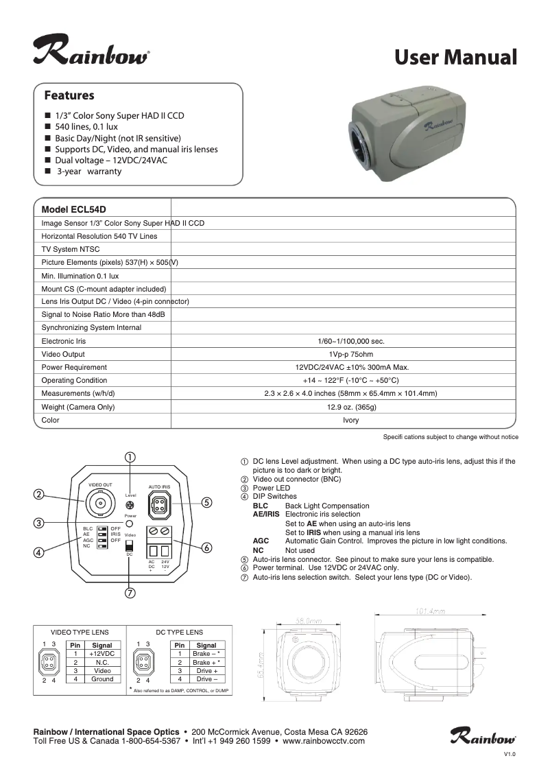 Page n°1 - Manuel utilisateur Rainbow ECL54D