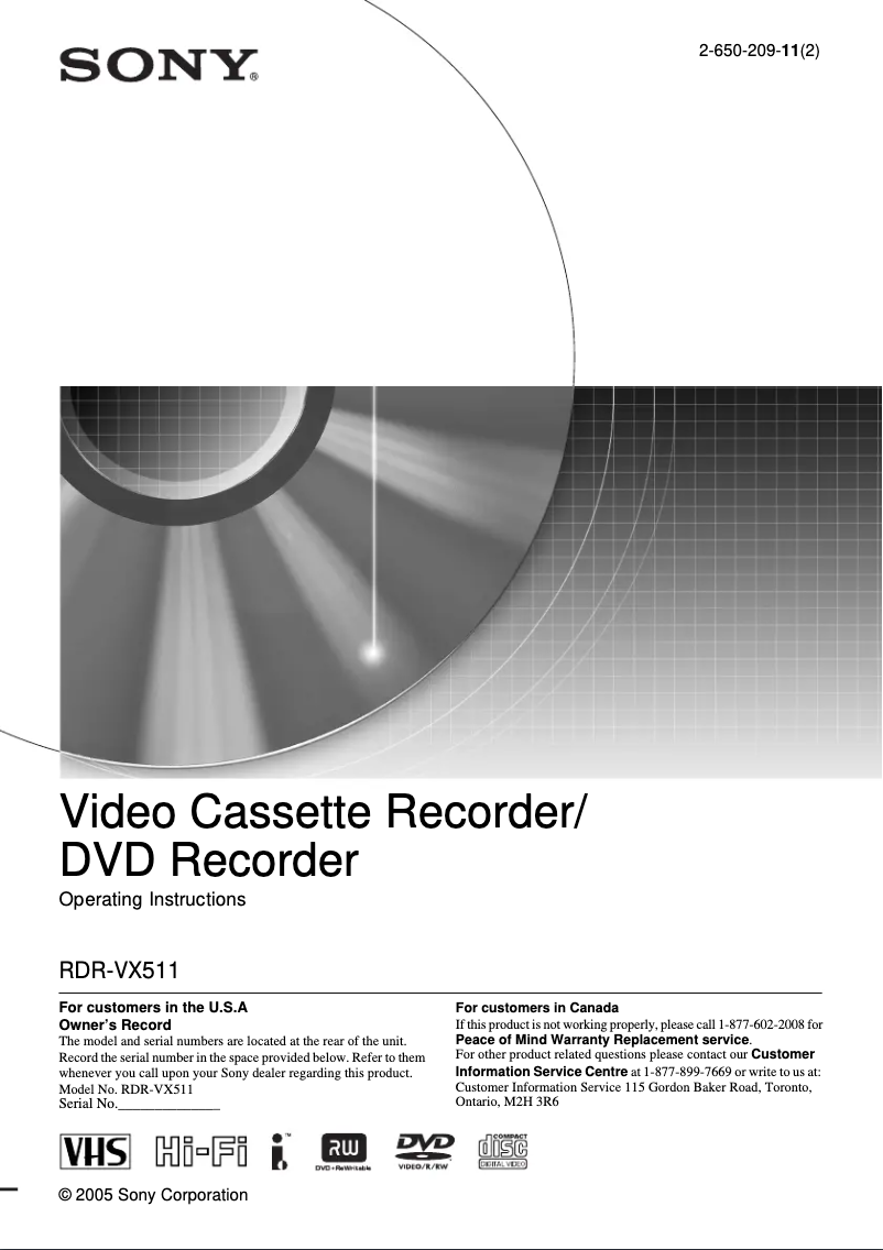 Page 1 de la notice Manuel utilisateur Sony RDR-VX511