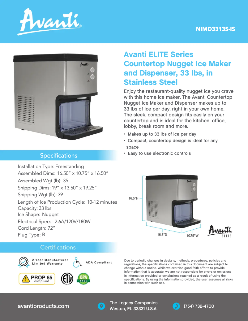 Page 1 de la notice Fiche technique Avanti NIMD3313S-IS