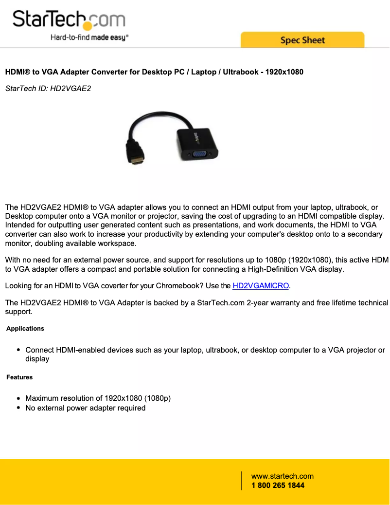 Page 1 de la notice Brochure StarTech.com HD2VGAE2