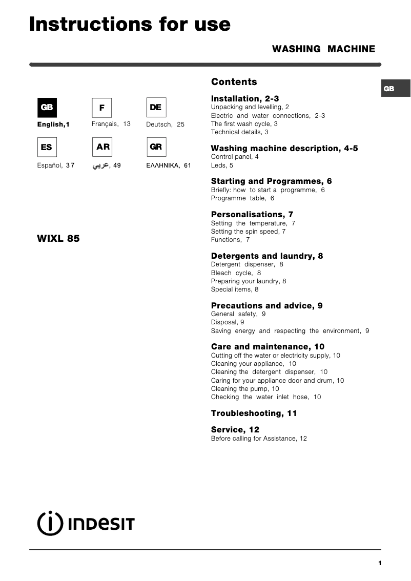 Page 1 de la notice Manuel utilisateur Indesit Maxi WIXL 85 (EX)