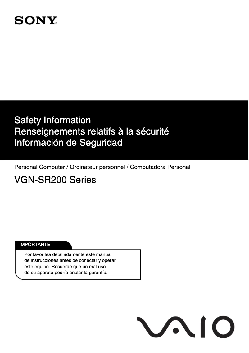 Page 1 de la notice Instructions de sécurité Sony Vaio VGN-SR290F