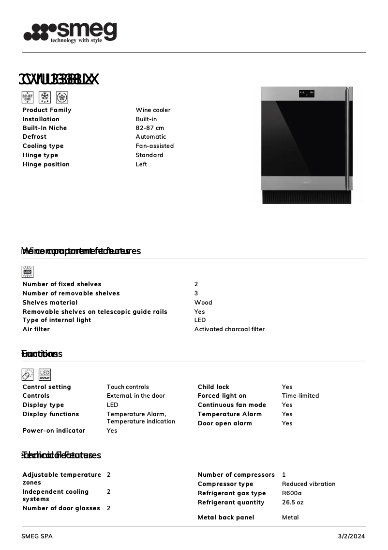 Page 1 de la notice Fiche technique Smeg CVIU338LX