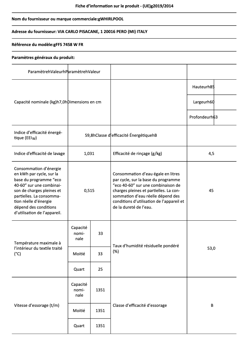 Page n°1 - Fiche technique Whirlpool FFS 7458 W FR