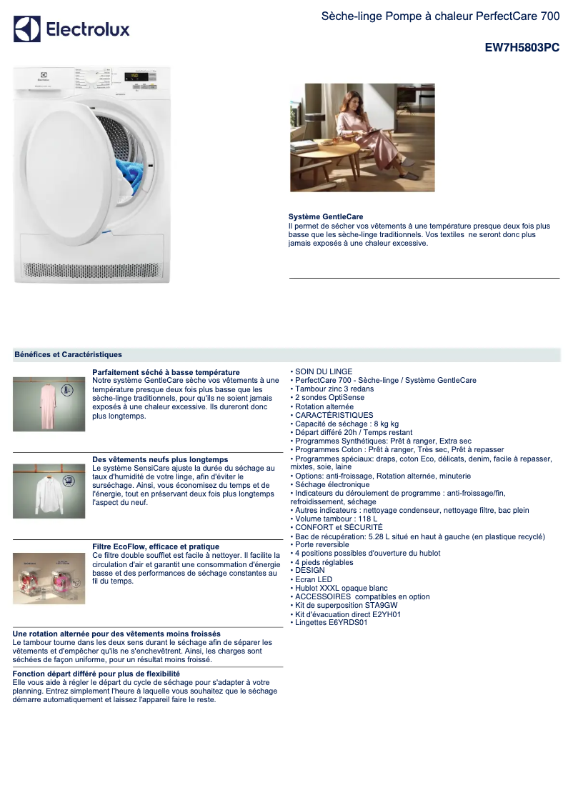 Page 1 de la notice Fiche technique Electrolux EW7H5803PC