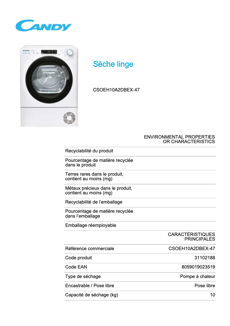 Page 1 de la notice Fiche technique Candy CSOEH10A2DBEX-47