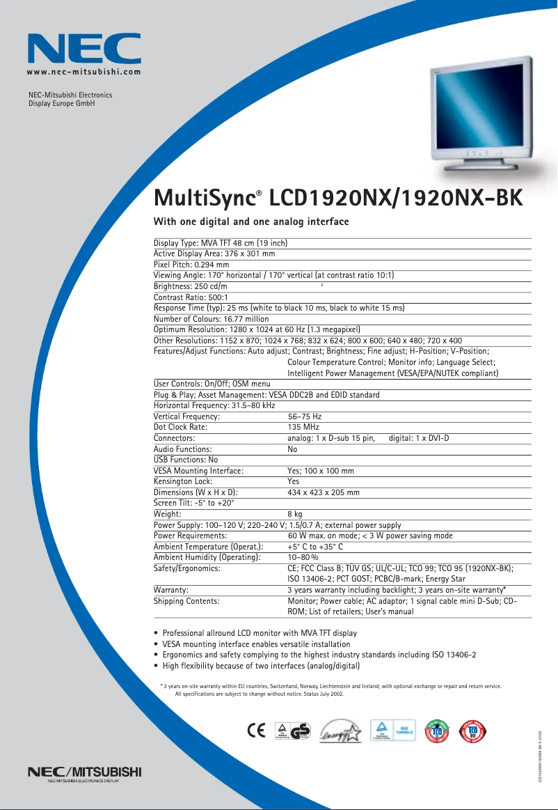 Image de la première page du manuel de l'appareil MultiSync LCD1920NXBK
