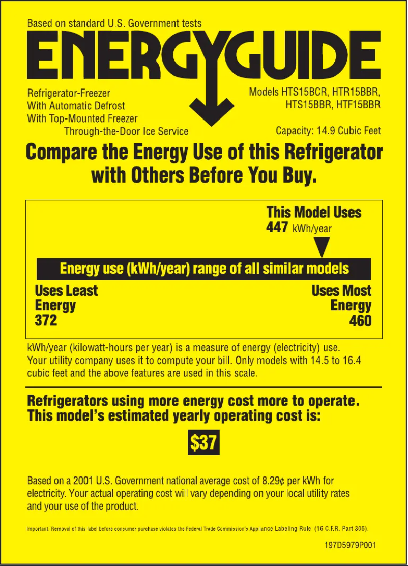 Page n°1 - Label énergétique Hotpoint HTR15BBRLWW