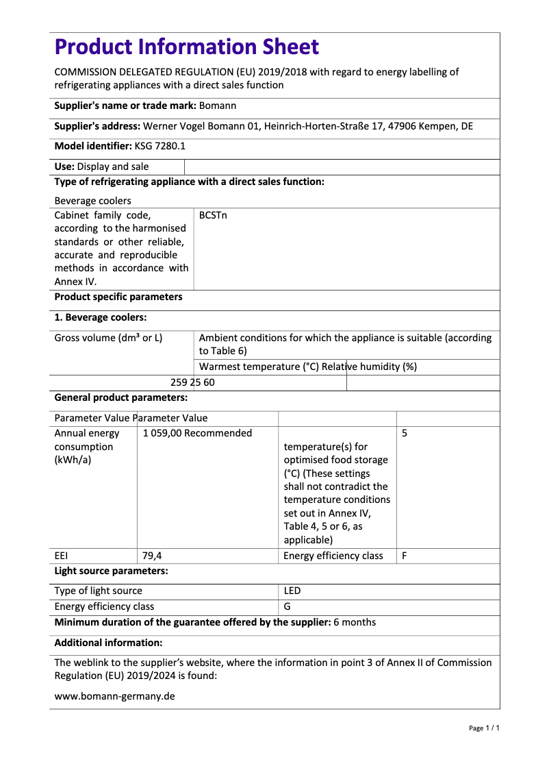 Page n°1 - Fiche technique Bomann KSG 7280.1