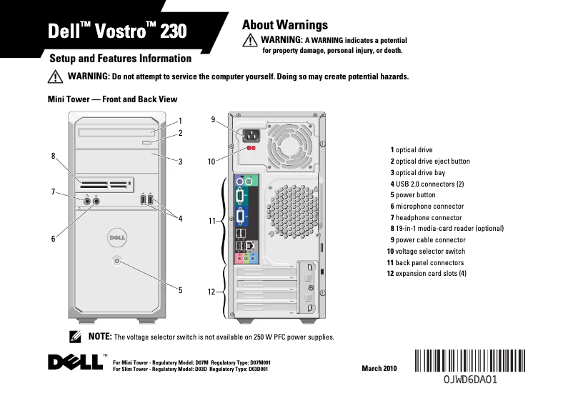 Page 1 de la notice Guide d'installation Dell Vostro 230s