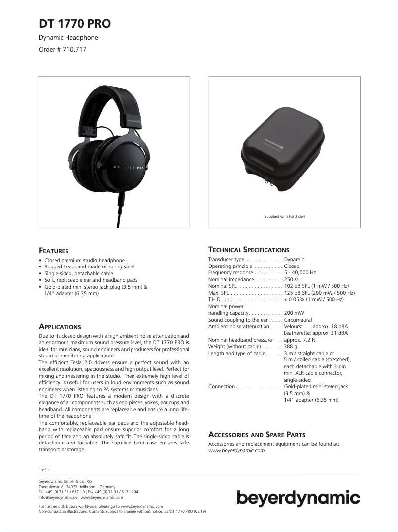 Page 1 de la notice Fiche technique Beyerdynamic DT 1770 PRO