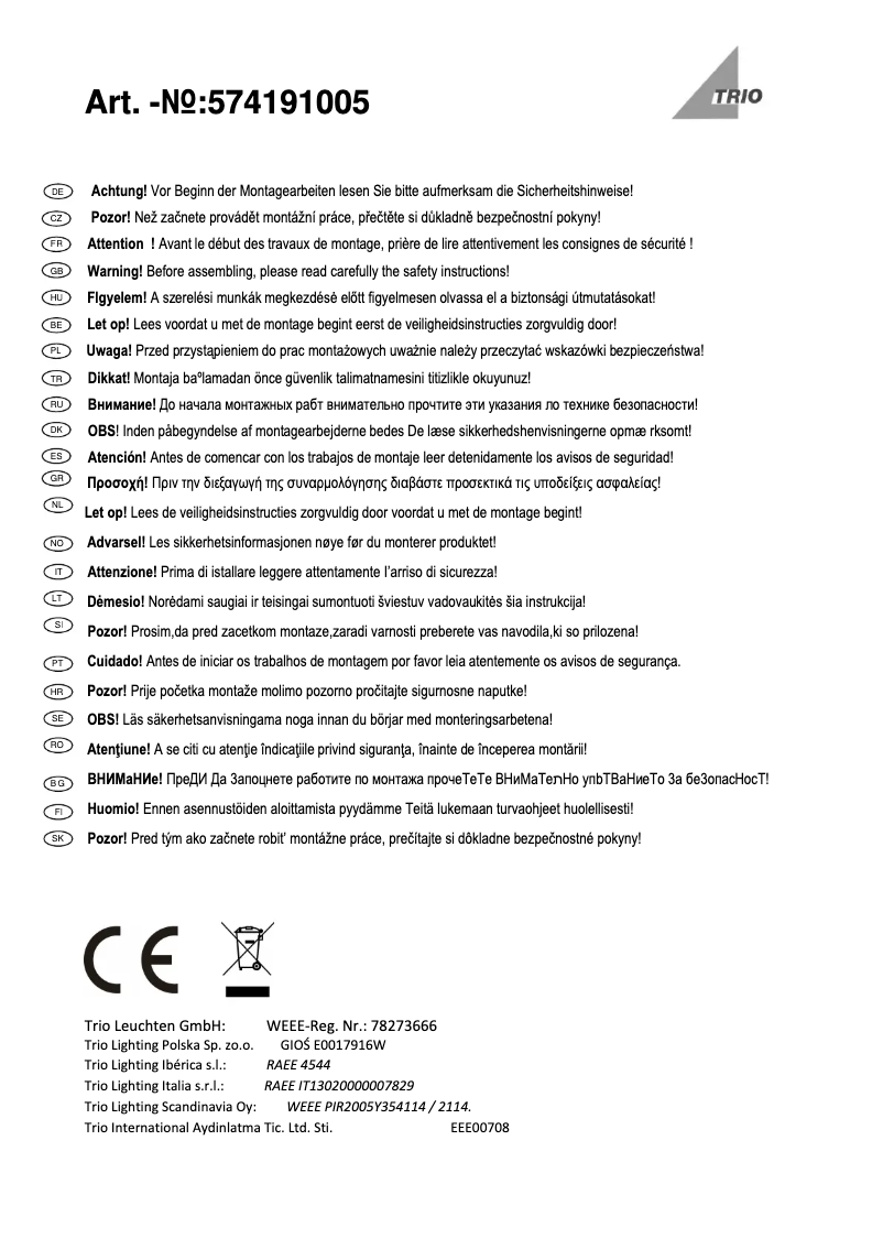 Page n°1 - Manuel utilisateur Trio Lighting Marius 574191005