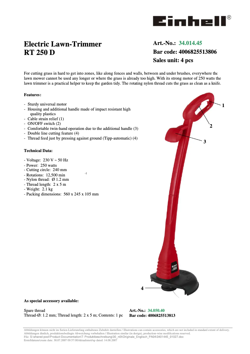 Page 1 de la notice Manuel utilisateur Einhell RT 250 D
