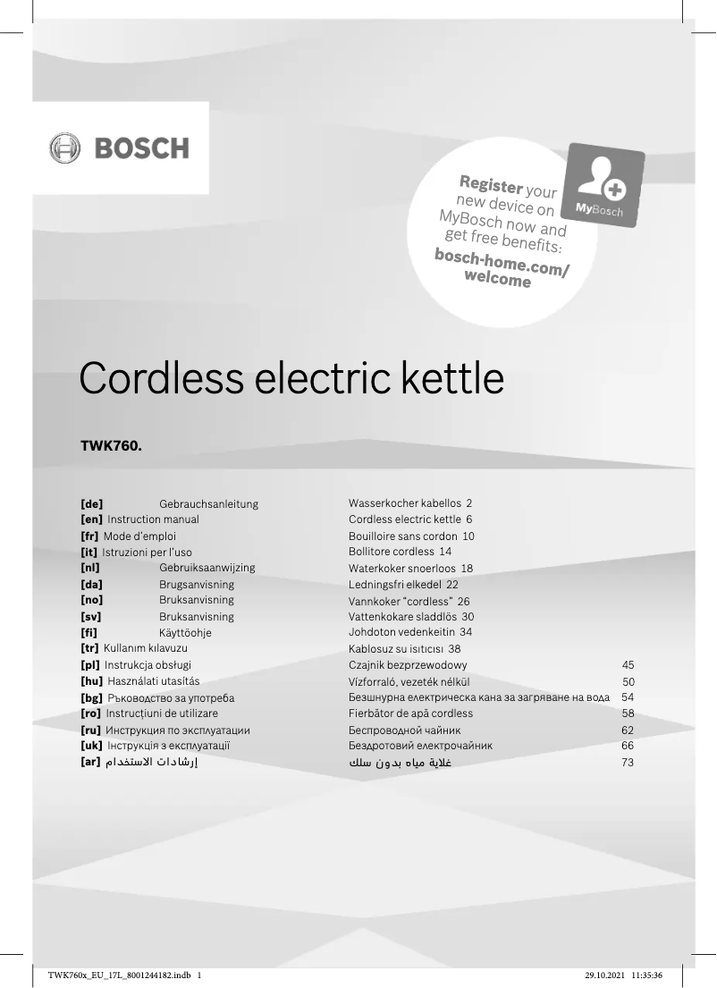 Page 1 de la notice Manuel utilisateur Bosch TWK7601