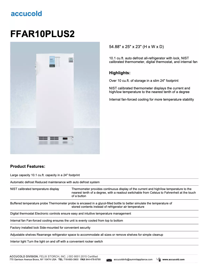 Image de la première page du manuel de l'appareil Accucold FFAR10PLUS2
