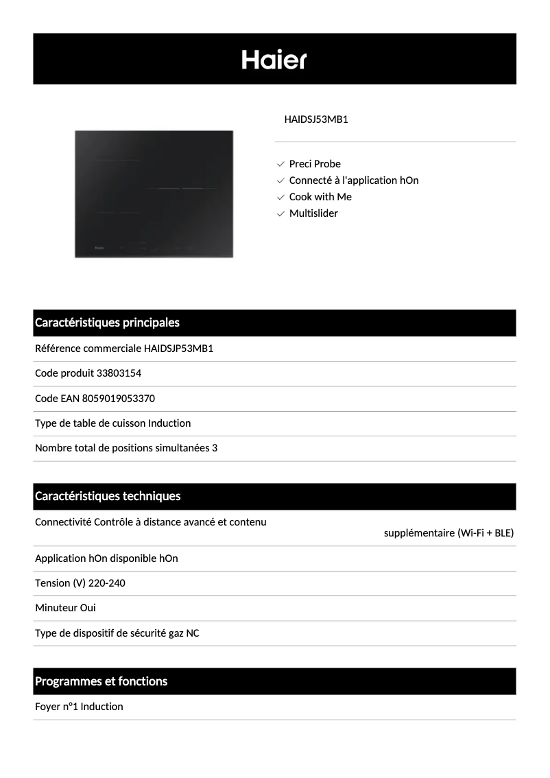 Page 1 de la notice Fiche technique Haier HAIDSJ53MB1