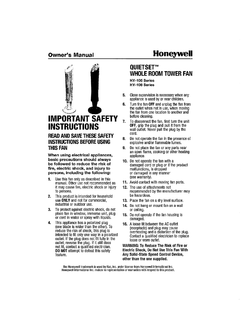 Page 1 de la notice Manuel utilisateur Honeywell QuietSet HY-108