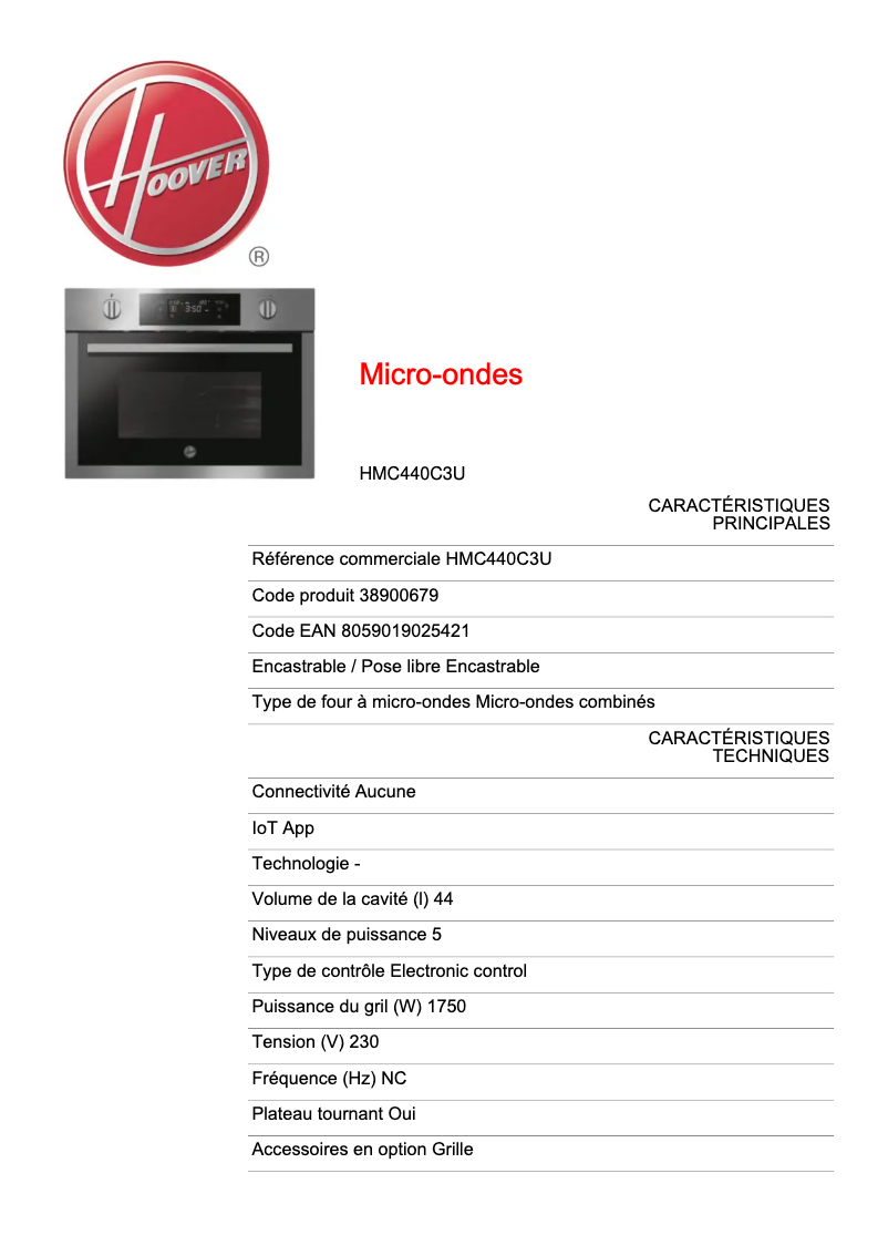 Page n°1 - Fiche technique Hoover H-MICROWAVE 300 HMC440C3U-80