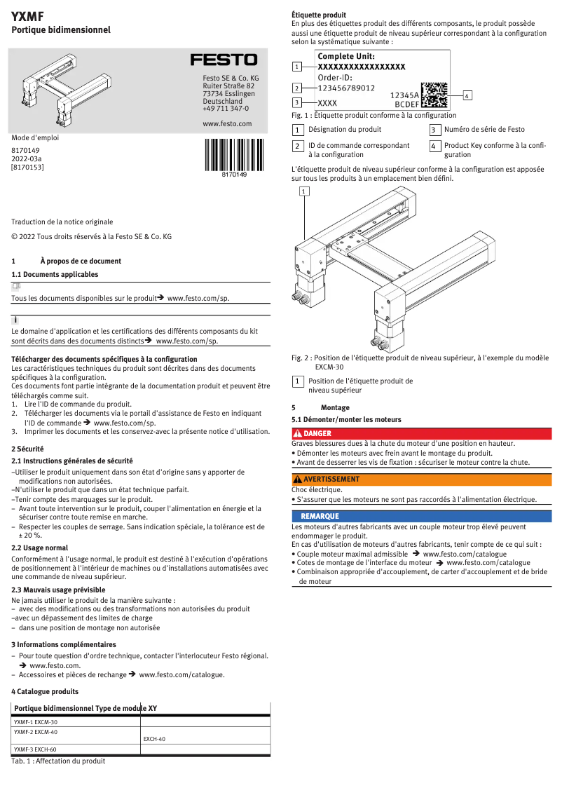 Page 1 de la notice Manuel utilisateur Festo YXMF-1
