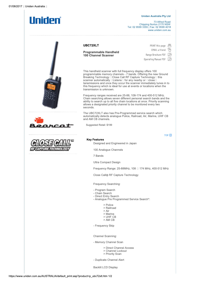 Page 1 of the manual User Manual Uniden Bearcat UBC 72XLT