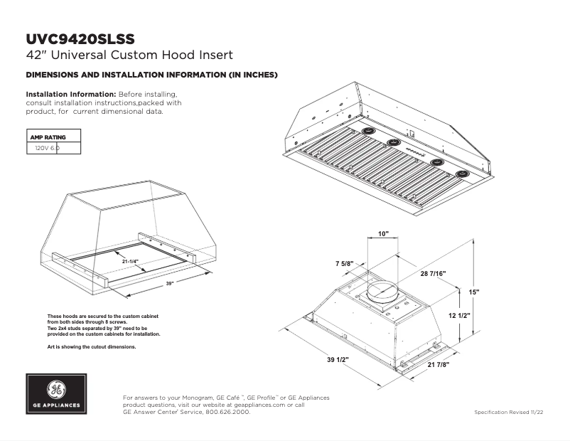 Page 1 de la notice Fiche technique GE UVC9420SLSS