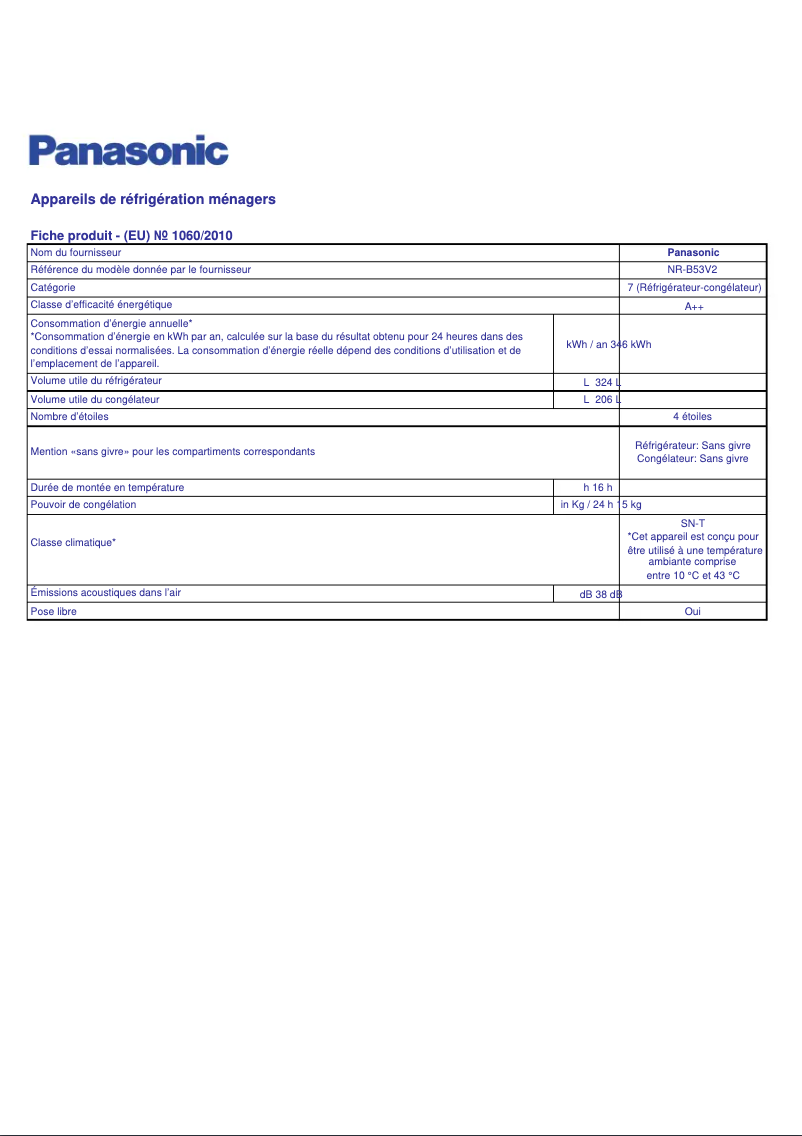 Page 1 de la notice Fiche technique Panasonic NR-B53V2