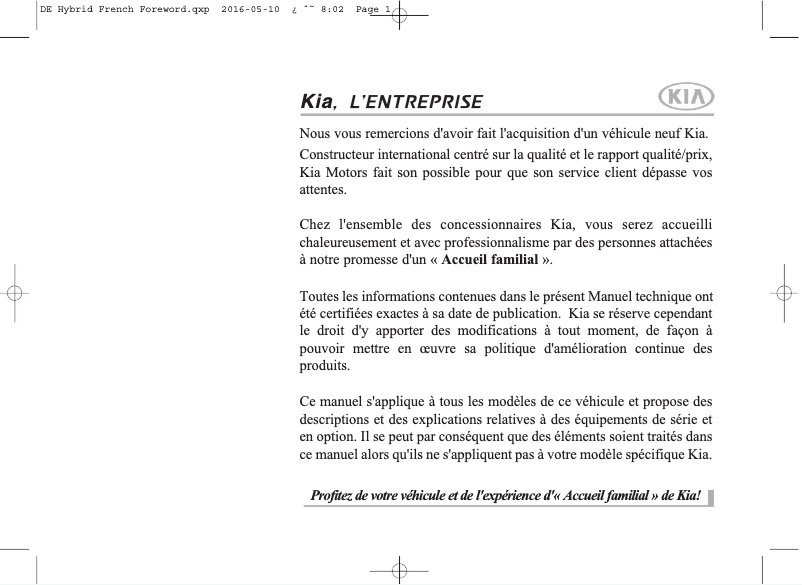 Page 1 de la notice Manuel utilisateur Kia Niro (2017)