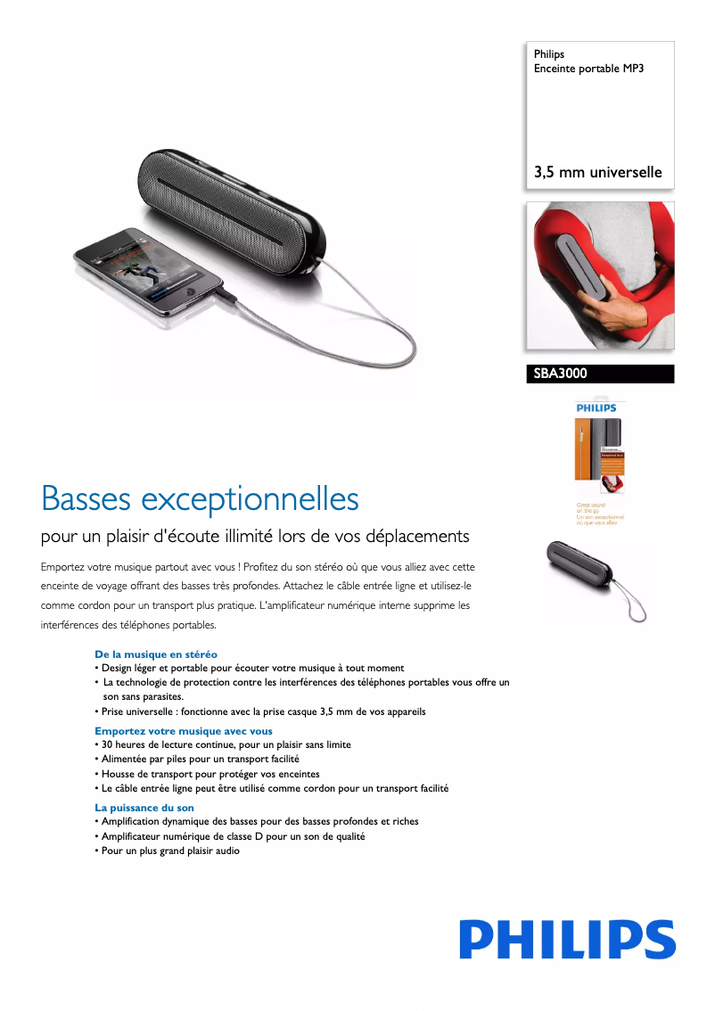 Page 1 de la notice Fiche technique Philips SBA3000
