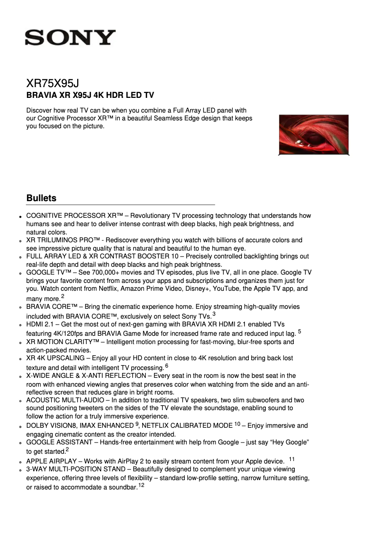 Page 1 de la notice Fiche technique Sony Bravia XR-75X95J