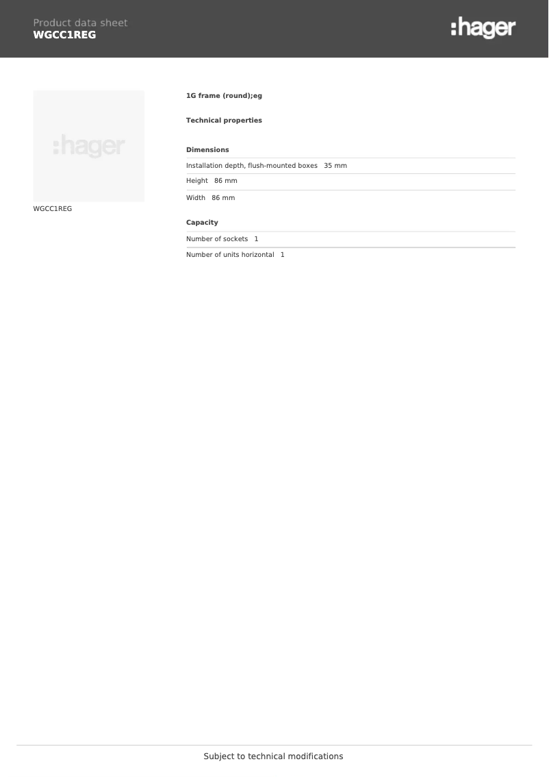 Page 1 de la notice Fiche technique Hager WGCC1REG