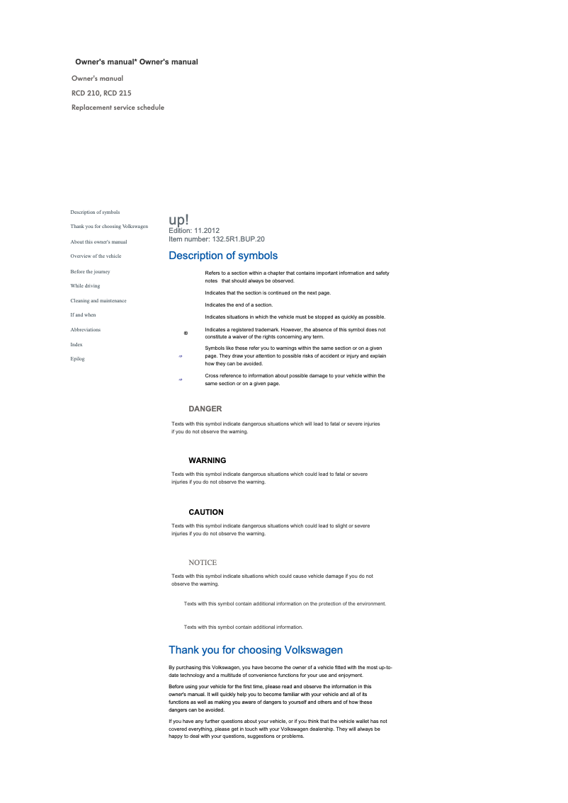 Page 1 de la notice Manuel utilisateur Volkswagen Up! (2022)