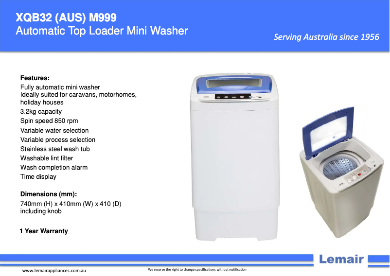 Page 1 de la notice Fiche technique Lemair XQB32