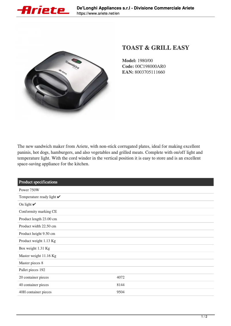 Page 1 de la notice Fiche technique Ariete 1980