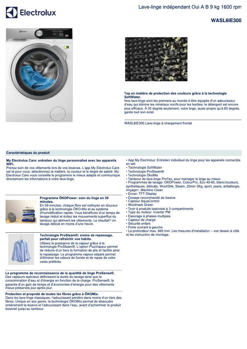 Page 1 de la notice Fiche technique Electrolux WASL6IE300