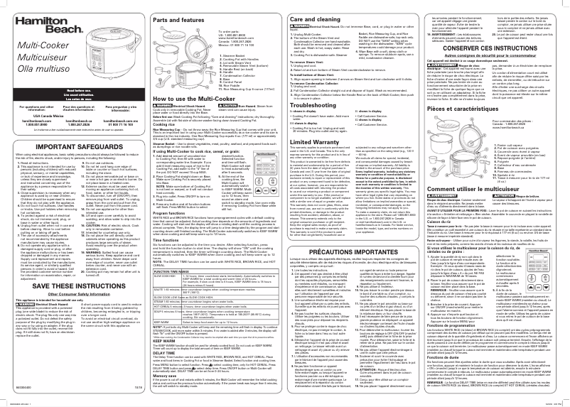 Page n°1 - Manuel utilisateur Hamilton Beach 37523