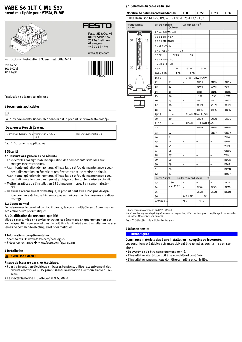 Page 1 de la notice Manuel utilisateur Festo VABE-S6-1LT-C-M1-S37