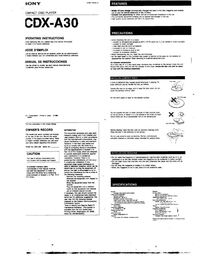 Page 1 de la notice Manuel utilisateur Sony CDX-A30