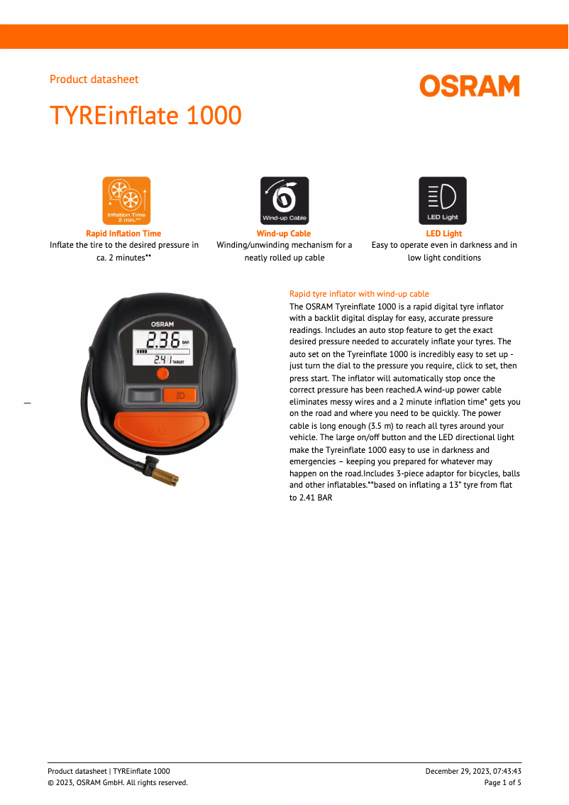 Page n°1 - Fiche technique Osram TYREinflate 1000