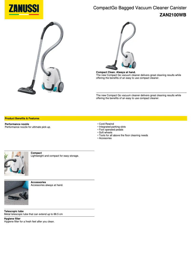 Page 1 de la notice Fiche technique Zanussi ZAN2100WB