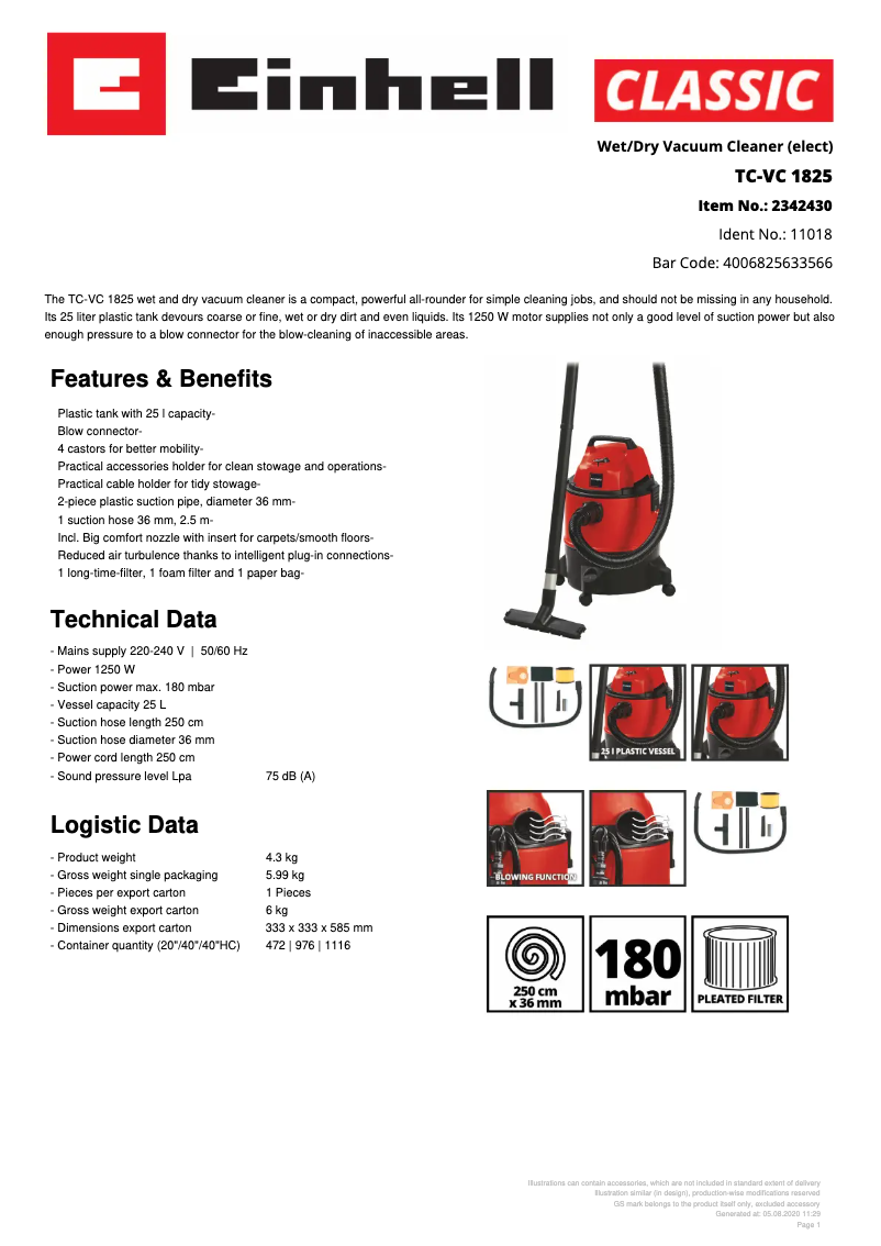Page 1 de la notice Fiche technique Einhell TC-VC 1825