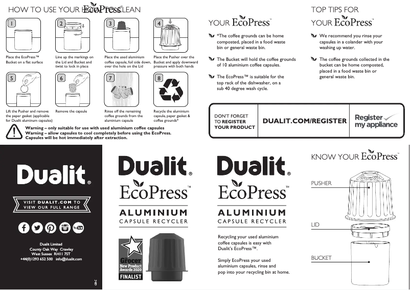 Page 1 de la notice Manuel utilisateur Dualit EcoPress Aluminium