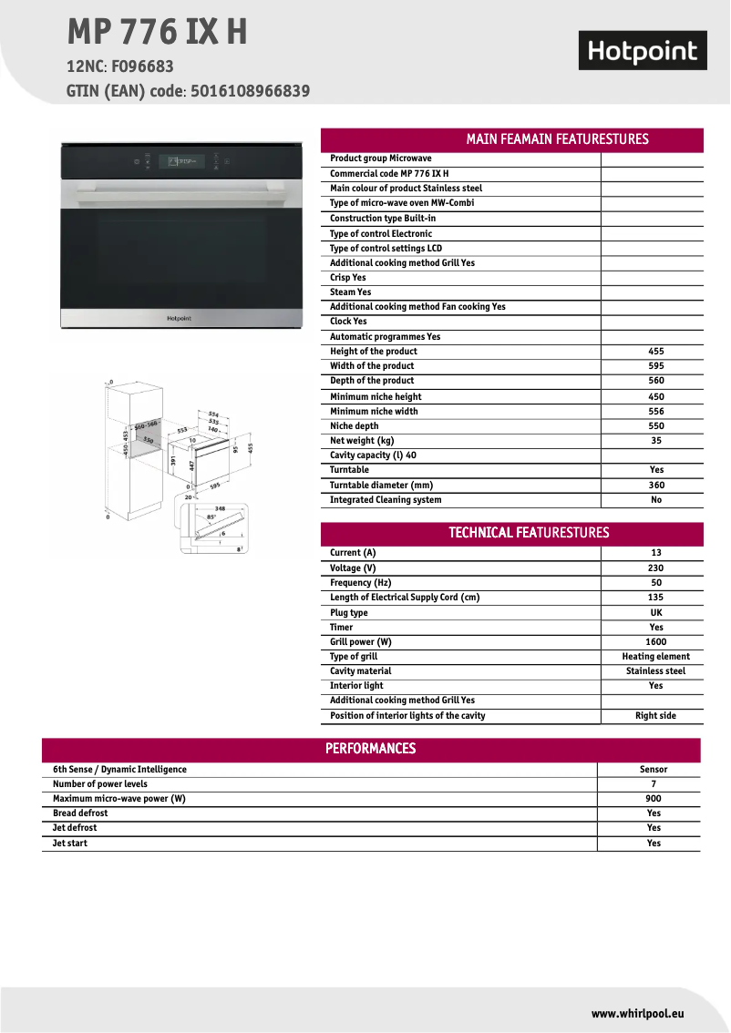 Page 1 de la notice Fiche technique Hotpoint MP 776 IX H