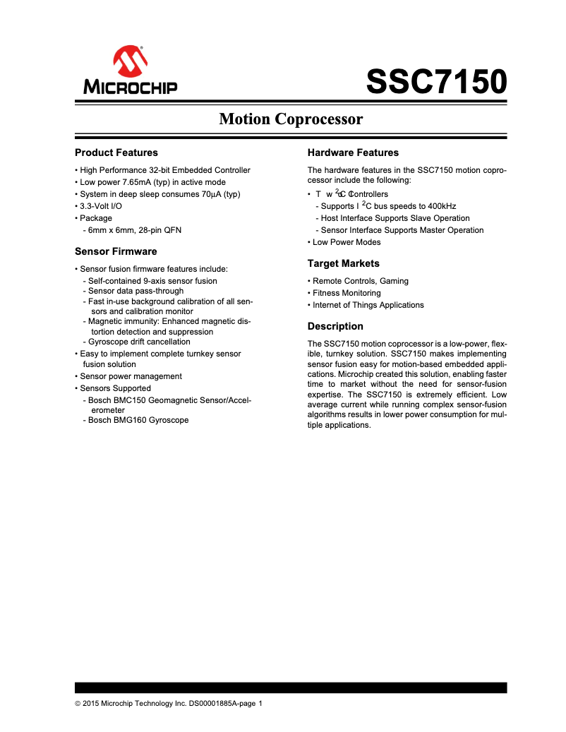 Page 1 de la notice Fiche technique Microchip MM7150