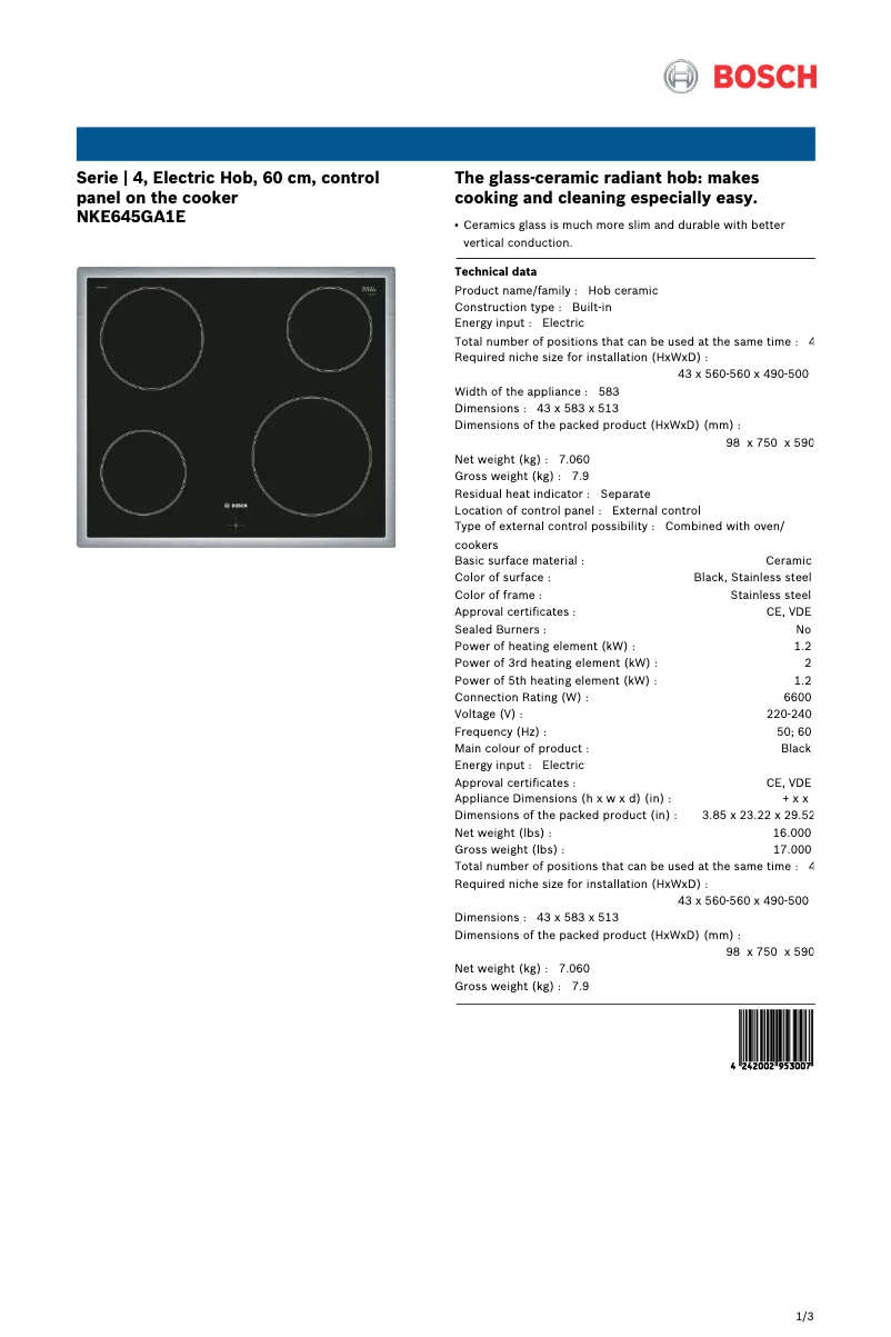Página 1 del manual Ficha técnica Bosch Serie 4 NKE645GA1E