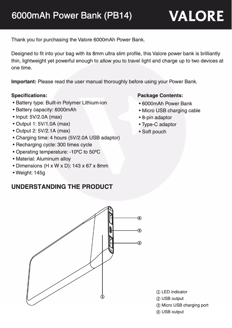 Page 1 de la notice Manuel utilisateur Valore PB14