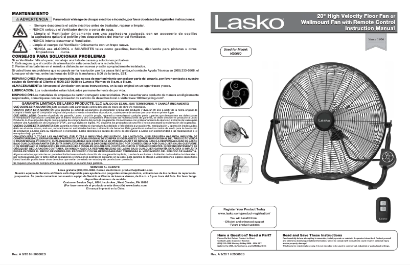 Page 1 de la notice Manuel utilisateur Lasko H20660
