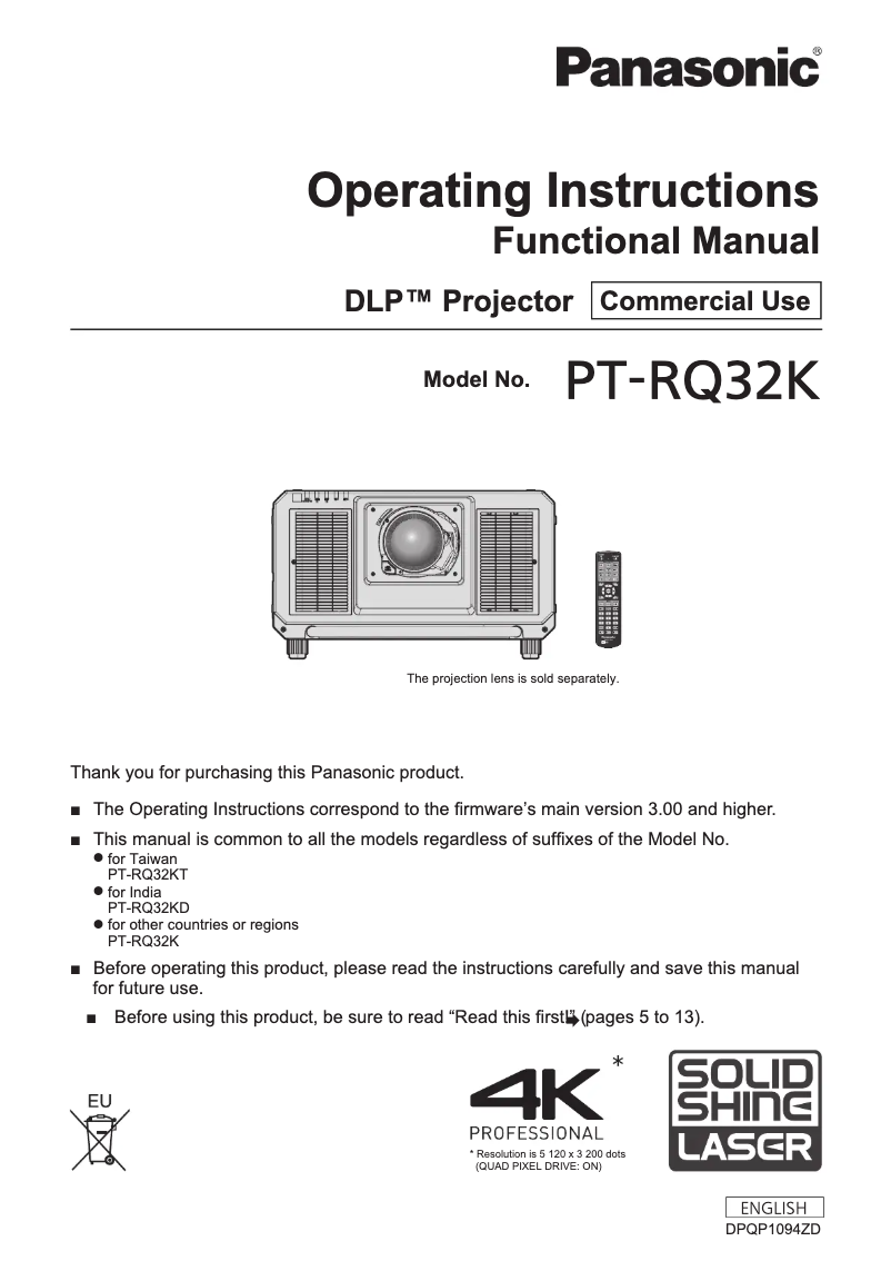Page n°1 - Manuel utilisateur Panasonic PT-RQ32KEJ