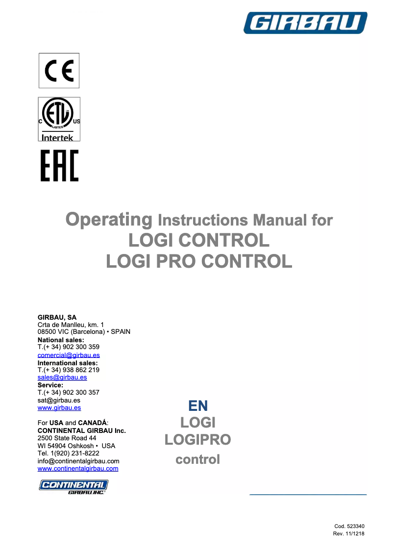 Page n°1 - Manuel utilisateur Girbau RMG070P